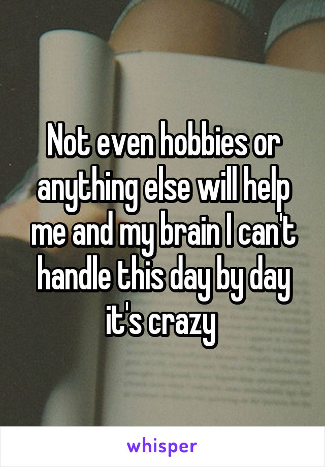 Not even hobbies or anything else will help me and my brain I can't handle this day by day it's crazy 
