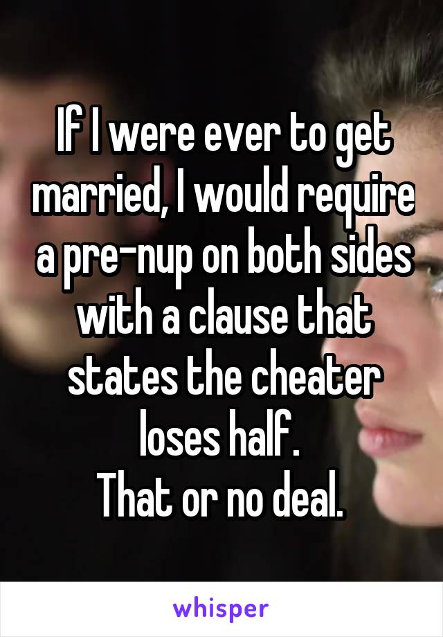 If I were ever to get married, I would require a pre-nup on both sides with a clause that states the cheater loses half. 
That or no deal. 