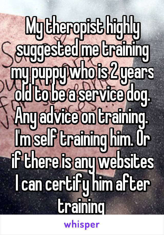 My theropist highly suggested me training my puppy who is 2 years old to be a service dog. Any advice on training.  I'm self training him. Or if there is any websites I can certify him after training 