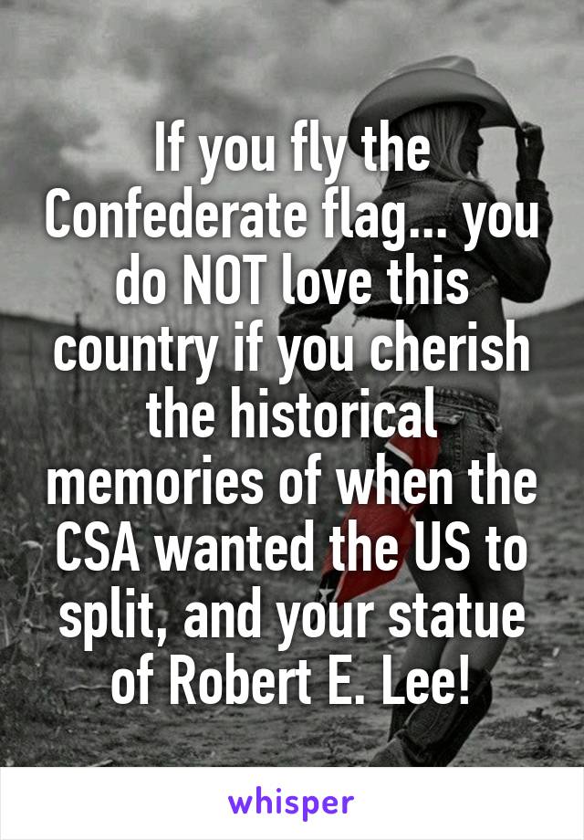 If you fly the Confederate flag... you do NOT love this country if you cherish the historical memories of when the CSA wanted the US to split, and your statue of Robert E. Lee!
