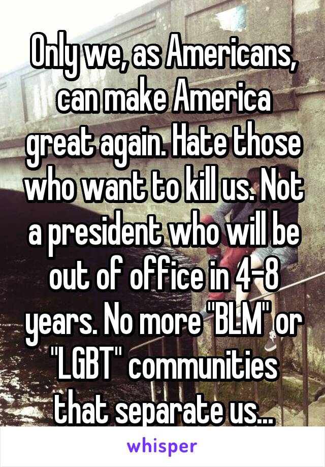 Only we, as Americans, can make America great again. Hate those who want to kill us. Not a president who will be out of office in 4-8 years. No more "BLM" or "LGBT" communities that separate us...