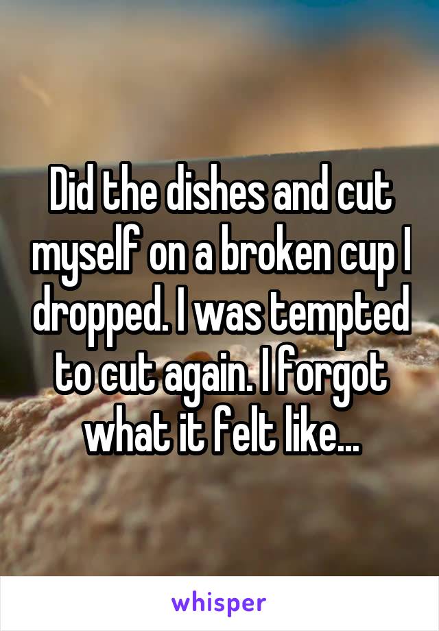 Did the dishes and cut myself on a broken cup I dropped. I was tempted to cut again. I forgot what it felt like...