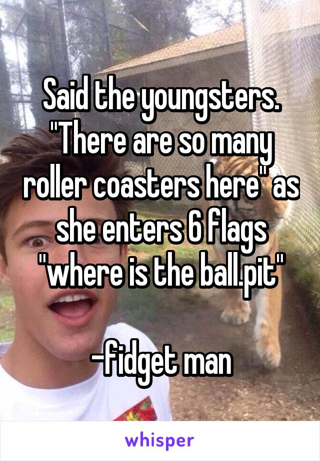 Said the youngsters. "There are so many roller coasters here" as she enters 6 flags "where is the ball.pit"

-fidget man