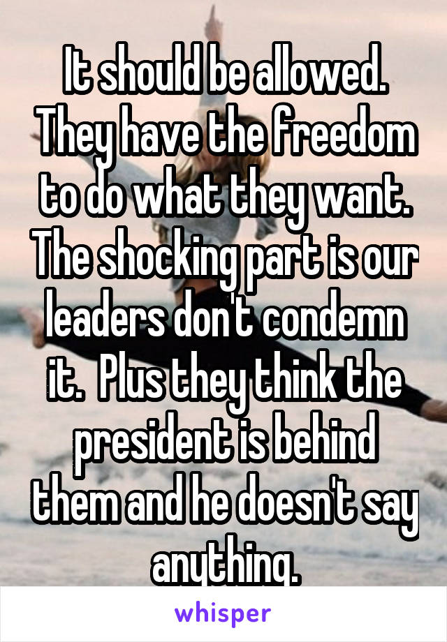 It should be allowed. They have the freedom to do what they want. The shocking part is our leaders don't condemn it.  Plus they think the president is behind them and he doesn't say anything.