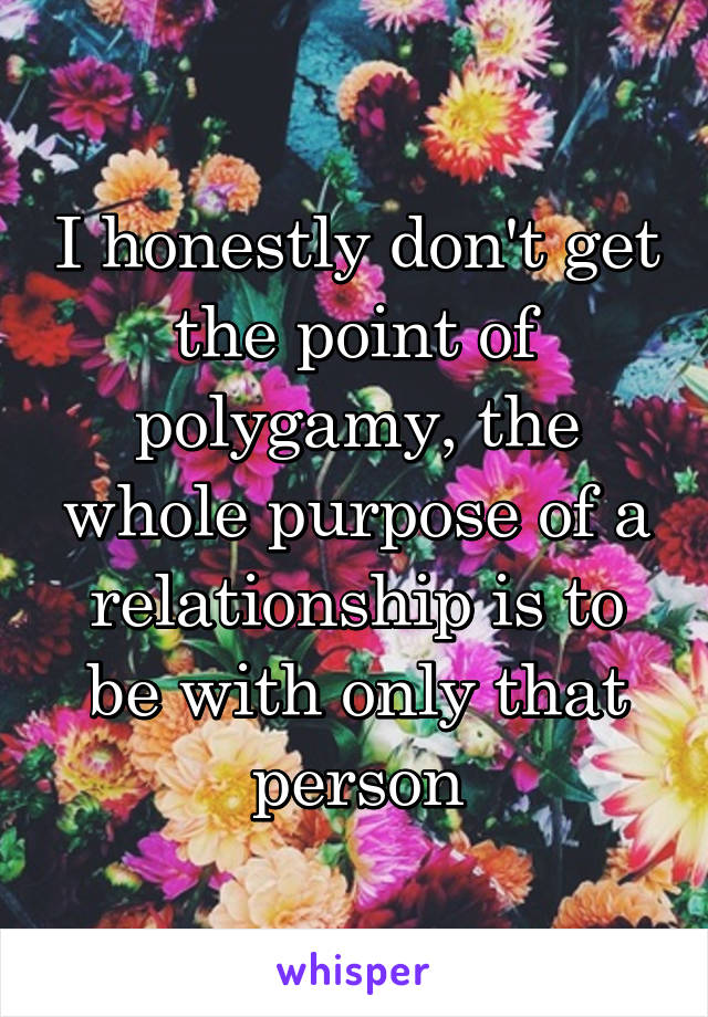 I honestly don't get the point of polygamy, the whole purpose of a relationship is to be with only that person