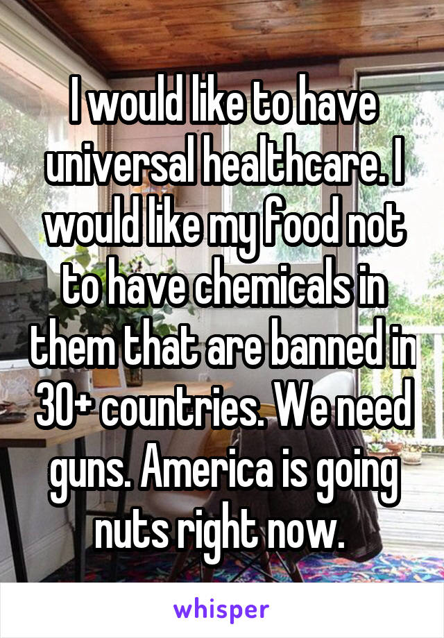 I would like to have universal healthcare. I would like my food not to have chemicals in them that are banned in 30+ countries. We need guns. America is going nuts right now. 