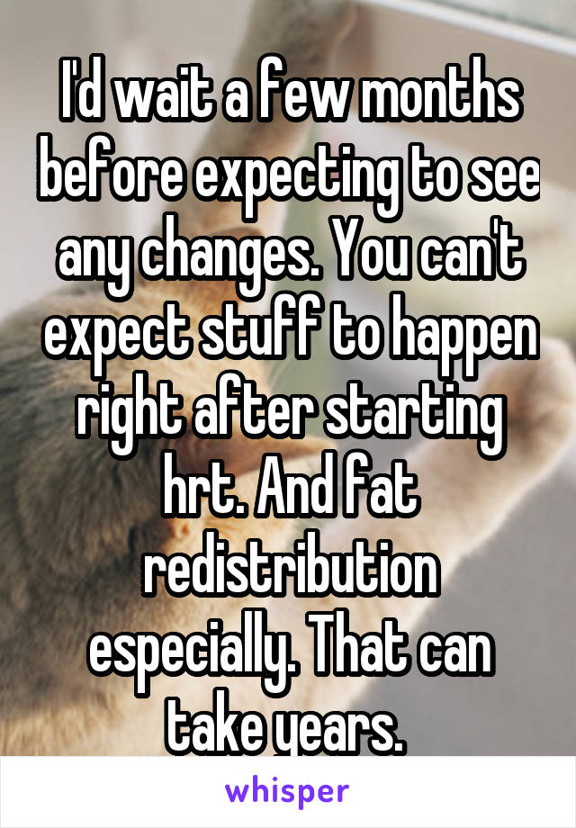 I'd wait a few months before expecting to see any changes. You can't expect stuff to happen right after starting hrt. And fat redistribution especially. That can take years. 