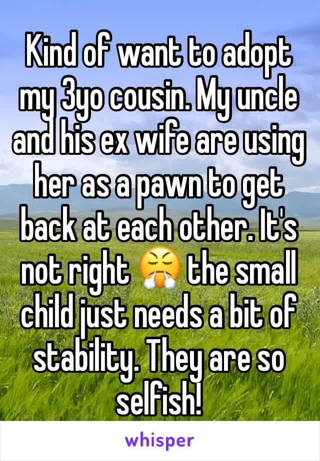 Kind of want to adopt my 3yo cousin. My uncle and his ex wife are using her as a pawn to get back at each other. It's not right 😤 the small child just needs a bit of stability. They are so selfish! 