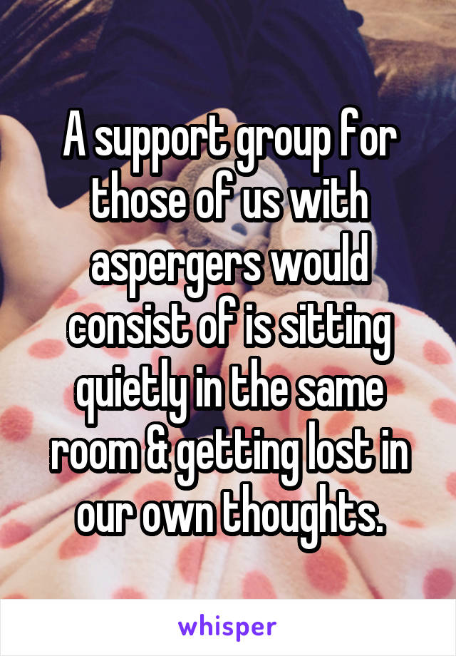 A support group for those of us with aspergers would consist of is sitting quietly in the same room & getting lost in our own thoughts.