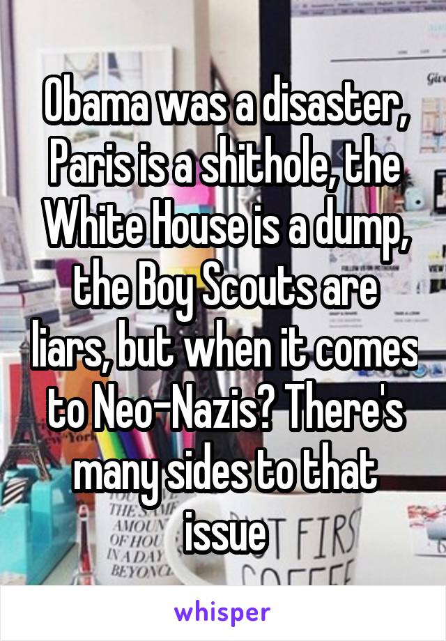 Obama was a disaster, Paris is a shithole, the White House is a dump, the Boy Scouts are liars, but when it comes to Neo-Nazis? There's many sides to that issue