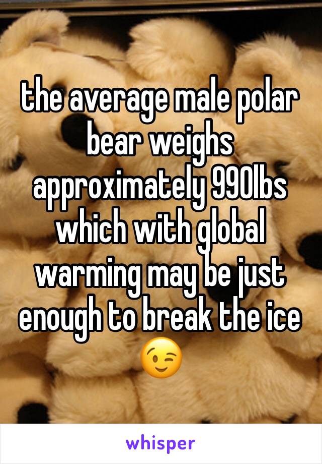 the average male polar bear weighs approximately 990lbs which with global warming may be just enough to break the ice 😉