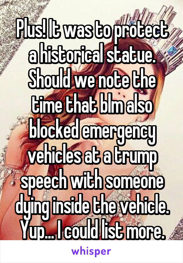 Plus! It was to protect a historical statue. Should we note the time that blm also blocked emergency vehicles at a trump speech with someone dying inside the vehicle. Yup... I could list more.