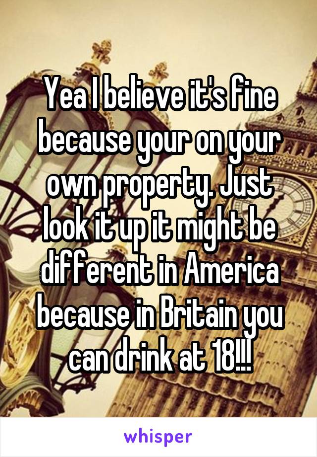 Yea I believe it's fine because your on your own property. Just look it up it might be different in America because in Britain you can drink at 18!!!
