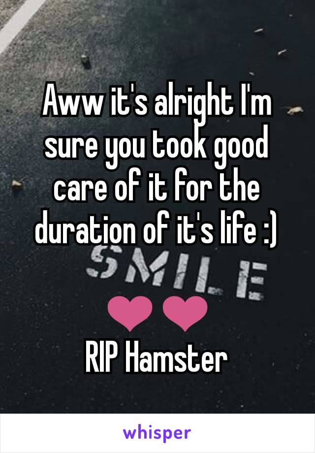 Aww it's alright I'm sure you took good care of it for the duration of it's life :)

❤️❤️
RIP Hamster