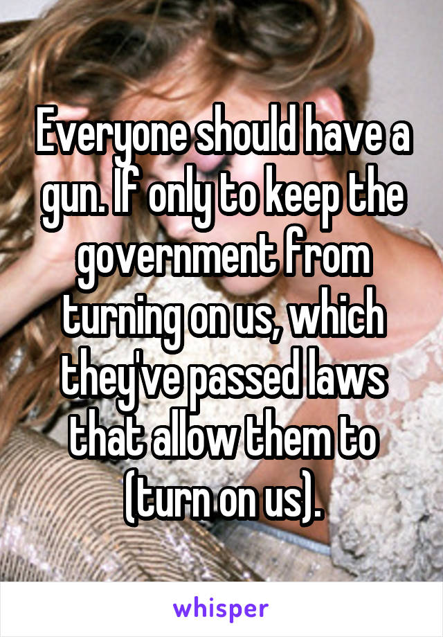 Everyone should have a gun. If only to keep the government from turning on us, which they've passed laws that allow them to (turn on us).
