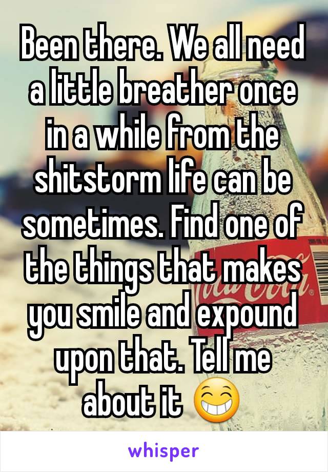 Been there. We all need a little breather once in a while from the shitstorm life can be sometimes. Find one of the things that makes you smile and expound upon that. Tell me about it 😁