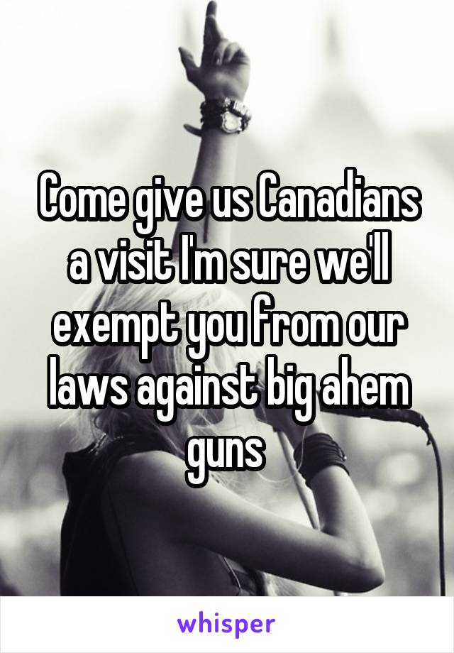 Come give us Canadians a visit I'm sure we'll exempt you from our laws against big ahem guns 