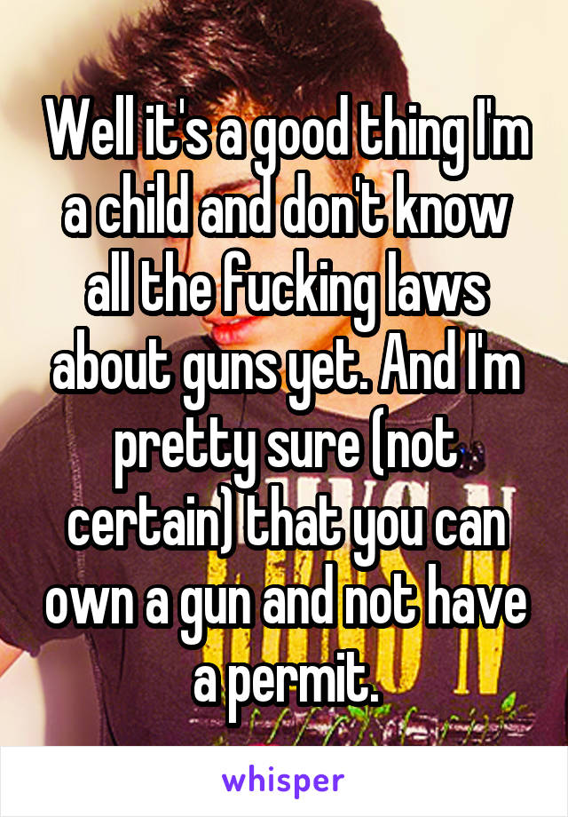 Well it's a good thing I'm a child and don't know all the fucking laws about guns yet. And I'm pretty sure (not certain) that you can own a gun and not have a permit.