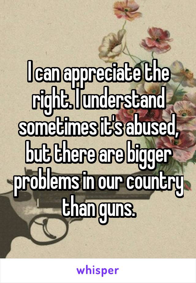 I can appreciate the right. I understand sometimes it's abused, but there are bigger problems in our country than guns.