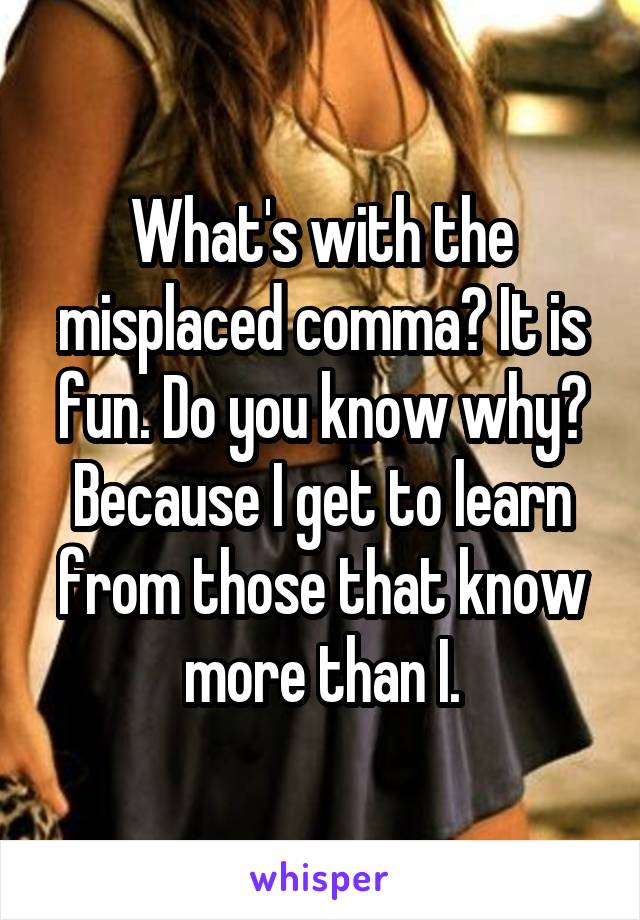 What's with the misplaced comma? It is fun. Do you know why? Because I get to learn from those that know more than I.