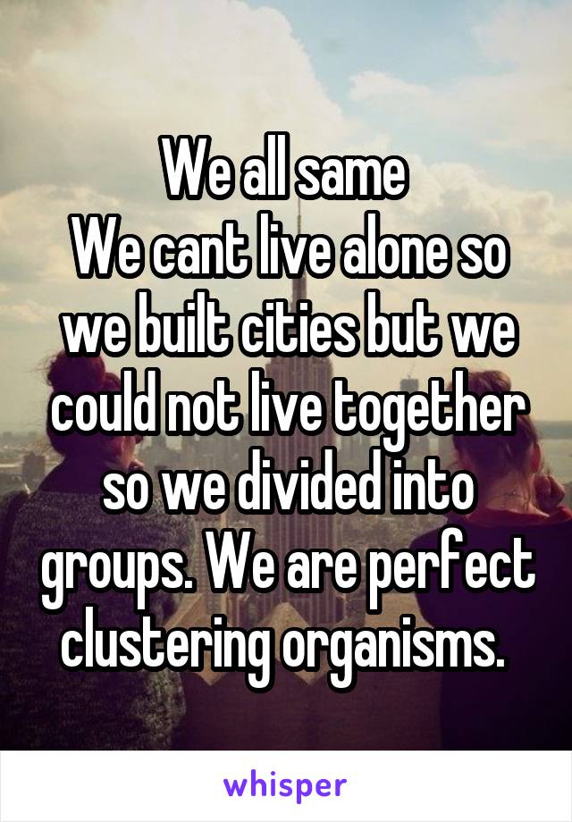 We all same 
We cant live alone so we built cities but we could not live together so we divided into groups. We are perfect clustering organisms. 