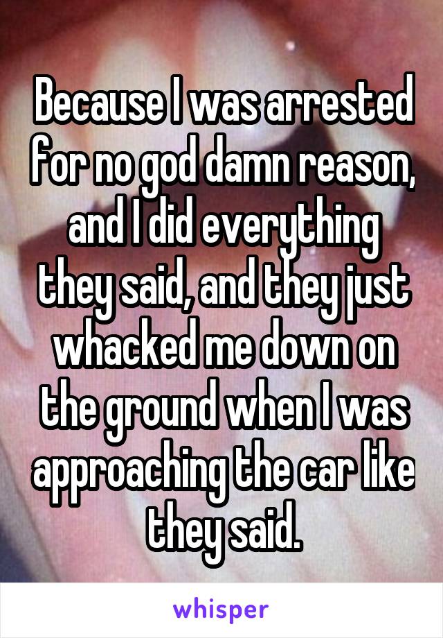 Because I was arrested for no god damn reason, and I did everything they said, and they just whacked me down on the ground when I was approaching the car like they said.