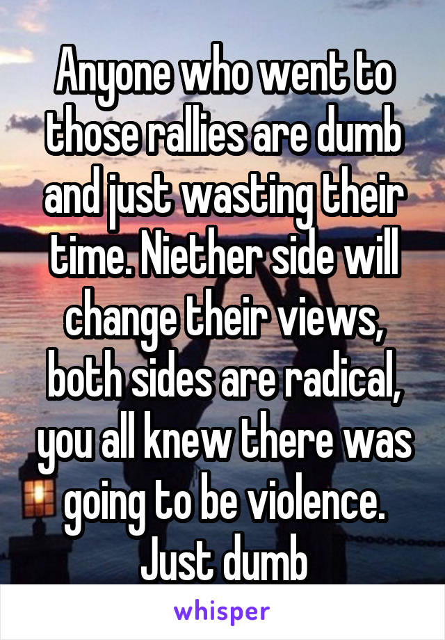 Anyone who went to those rallies are dumb and just wasting their time. Niether side will change their views, both sides are radical, you all knew there was going to be violence. Just dumb