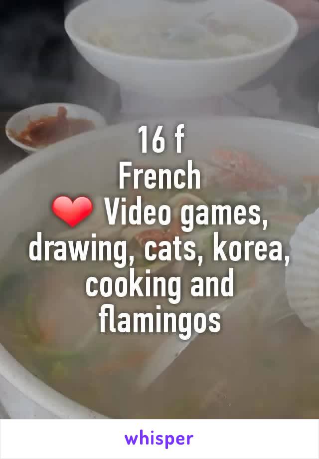 16 f
French
❤ Video games, drawing, cats, korea, cooking and flamingos