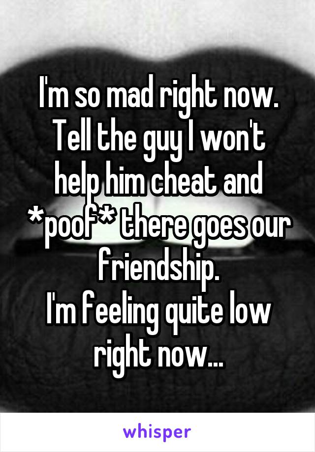 I'm so mad right now.
Tell the guy I won't help him cheat and *poof* there goes our friendship.
I'm feeling quite low right now...