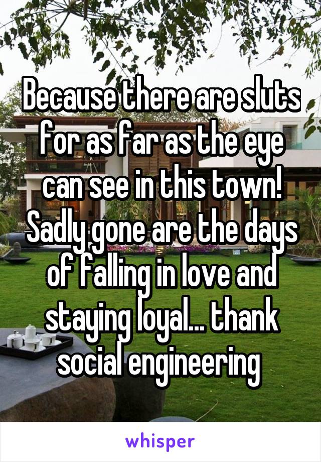 Because there are sluts for as far as the eye can see in this town! Sadly gone are the days of falling in love and staying loyal... thank social engineering 