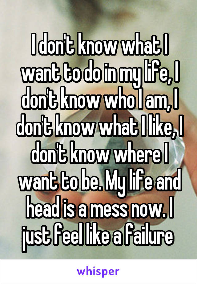 I don't know what I want to do in my life, I don't know who I am, I don't know what I like, I don't know where I want to be. My life and head is a mess now. I just feel like a failure 