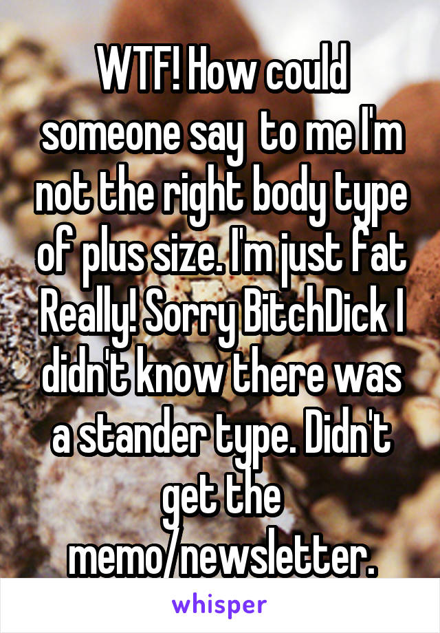 WTF! How could someone say  to me I'm not the right body type of plus size. I'm just fat Really! Sorry BitchDick I didn't know there was a stander type. Didn't get the memo/newsletter.