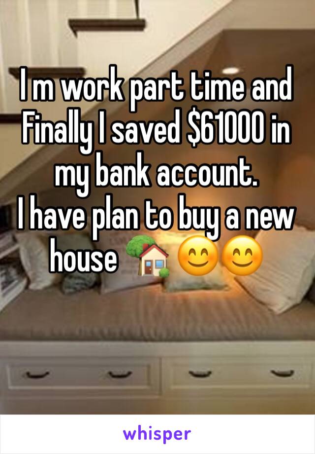 I m work part time and
Finally I saved $61000 in my bank account.
I have plan to buy a new house 🏡 😊😊