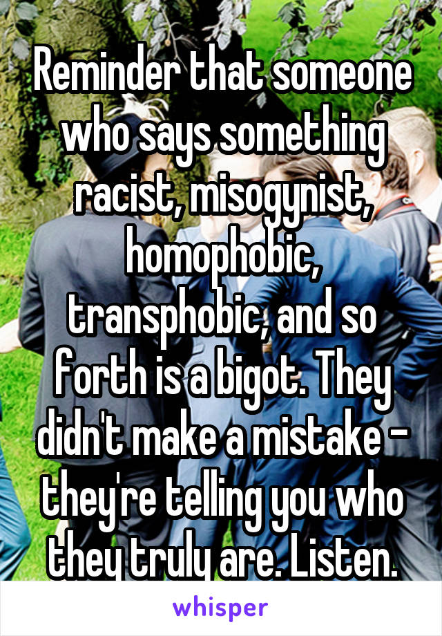Reminder that someone who says something racist, misogynist, homophobic, transphobic, and so forth is a bigot. They didn't make a mistake - they're telling you who they truly are. Listen.