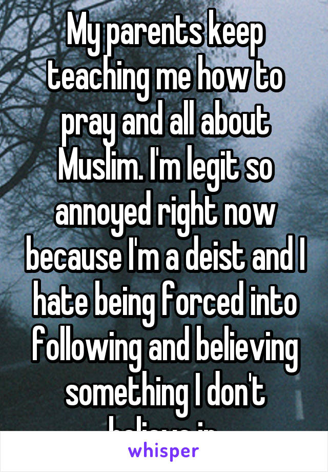 My parents keep teaching me how to pray and all about Muslim. I'm legit so annoyed right now because I'm a deist and I hate being forced into following and believing something I don't believe in.
