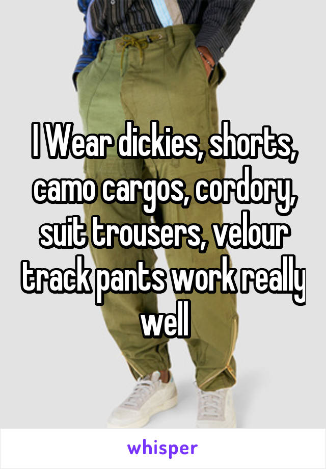 I Wear dickies, shorts, camo cargos, cordory, suit trousers, velour track pants work really well