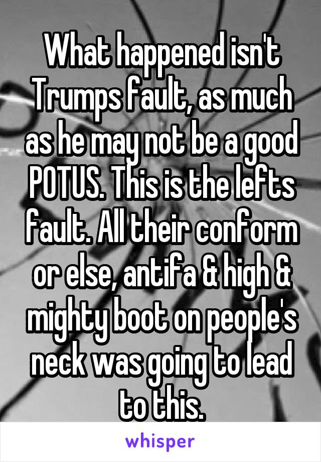 What happened isn't Trumps fault, as much as he may not be a good POTUS. This is the lefts fault. All their conform or else, antifa & high & mighty boot on people's neck was going to lead to this.