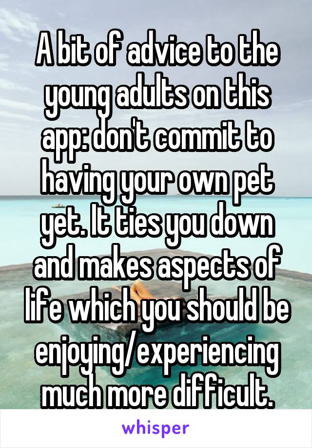 A bit of advice to the young adults on this app: don't commit to having your own pet yet. It ties you down and makes aspects of life which you should be enjoying/experiencing much more difficult.