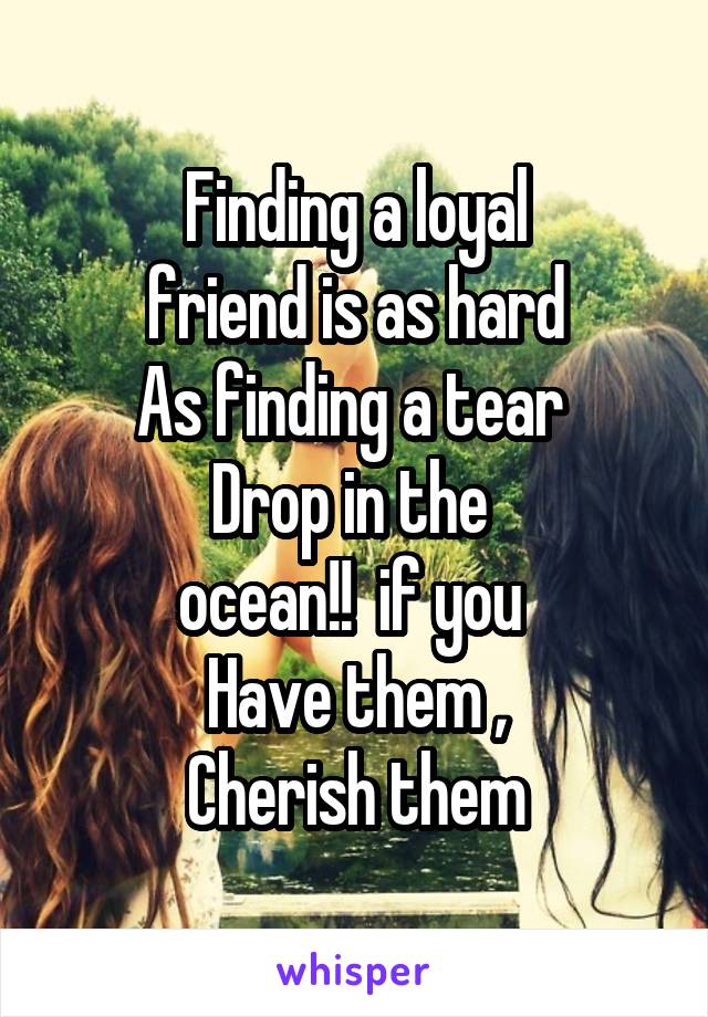 Finding a loyal
 friend is as hard 
As finding a tear 
Drop in the 
ocean!!  if you 
Have them ,
Cherish them