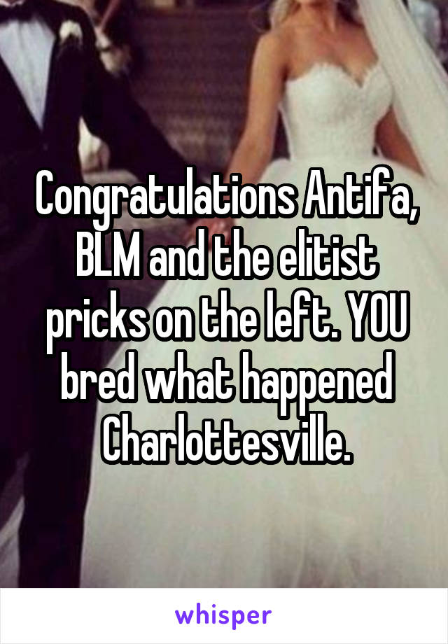 Congratulations Antifa, BLM and the elitist pricks on the left. YOU bred what happened Charlottesville.