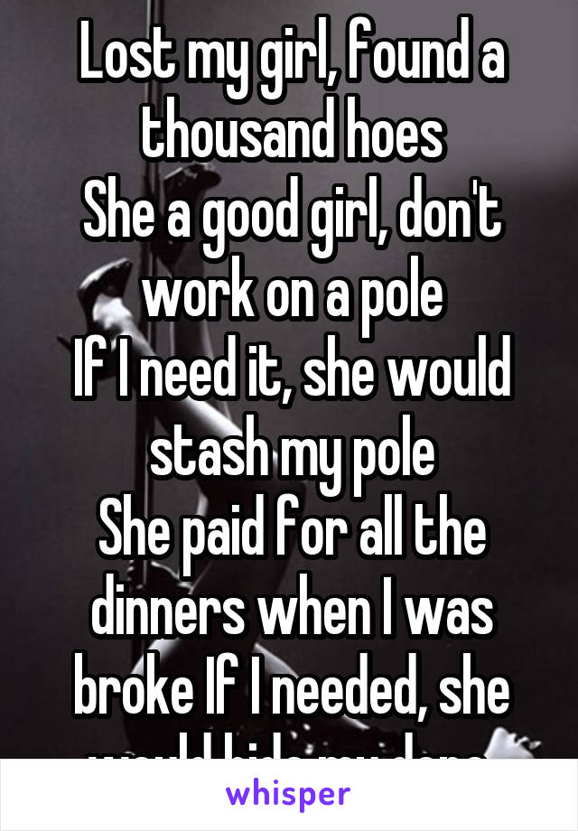 Lost my girl, found a thousand hoes
She a good girl, don't work on a pole
If I need it, she would stash my pole
She paid for all the dinners when I was broke If I needed, she would hide my dope 