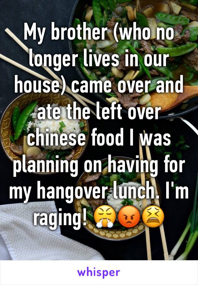 My brother (who no longer lives in our house) came over and ate the left over chinese food I was planning on having for my hangover lunch. I'm raging! 😤😡😫