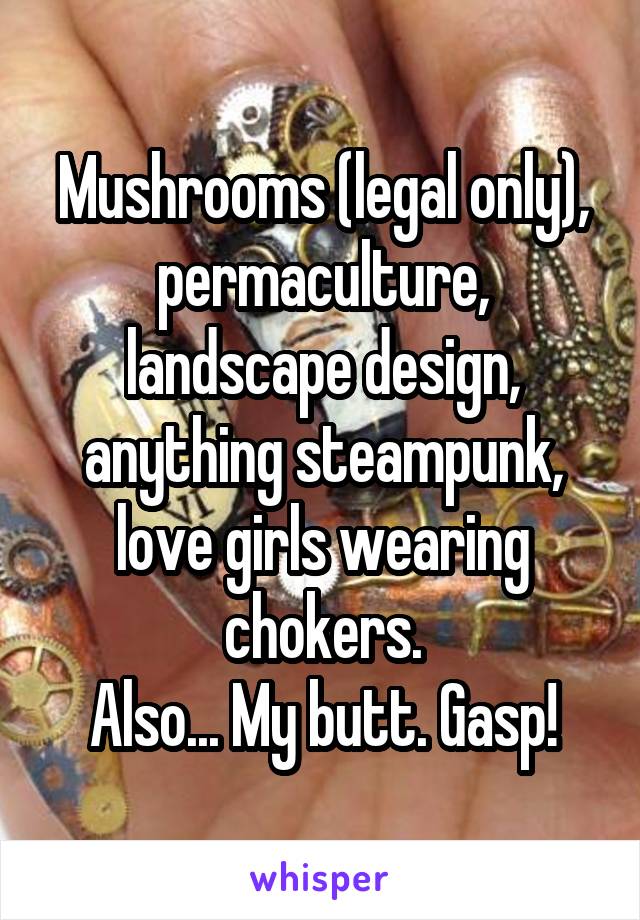 Mushrooms (legal only), permaculture, landscape design, anything steampunk, love girls wearing chokers.
Also... My butt. Gasp!