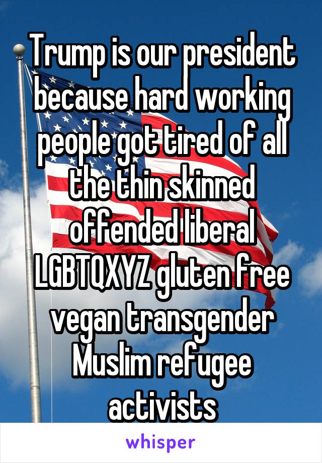 Trump is our president because hard working people got tired of all the thin skinned offended liberal LGBTQXYZ gluten free vegan transgender Muslim refugee activists