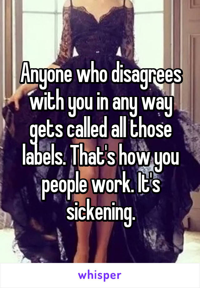 Anyone who disagrees with you in any way gets called all those labels. That's how you people work. It's sickening.