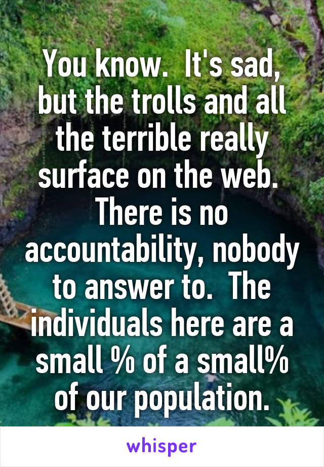 You know.  It's sad, but the trolls and all the terrible really surface on the web.  There is no accountability, nobody to answer to.  The individuals here are a small % of a small% of our population.