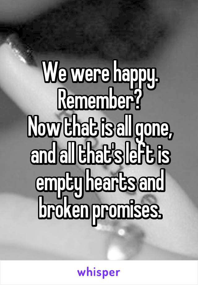 We were happy.
Remember?
Now that is all gone, and all that's left is empty hearts and broken promises.