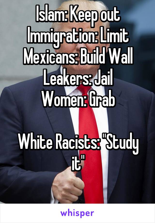 Islam: Keep out
Immigration: Limit
Mexicans: Build Wall
Leakers: Jail
Women: Grab

White Racists: "Study it"

