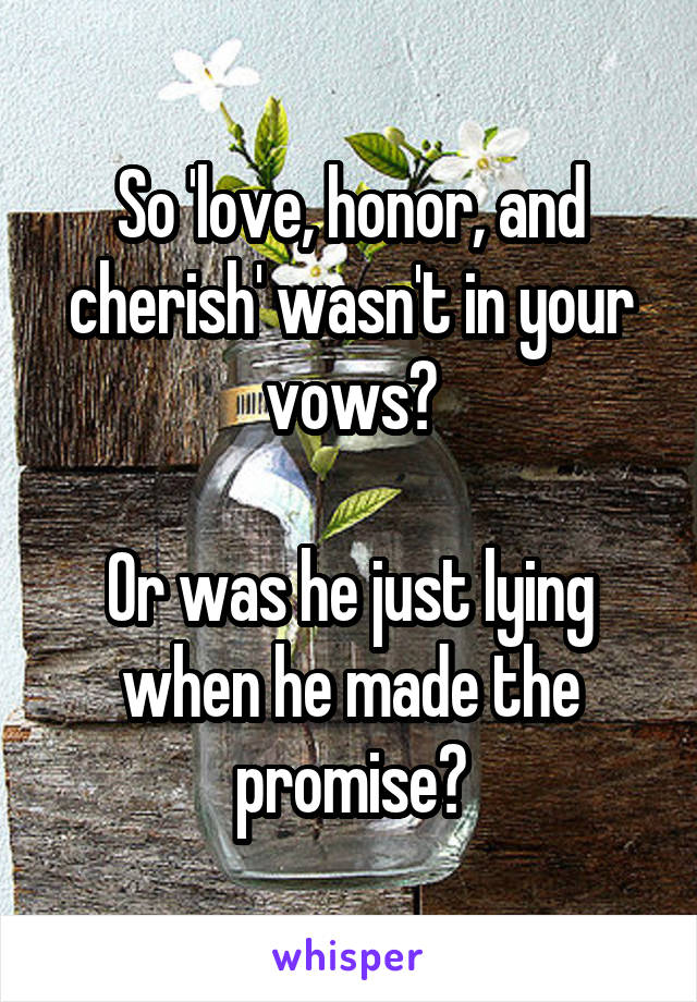 So 'love, honor, and cherish' wasn't in your vows?

Or was he just lying when he made the promise?