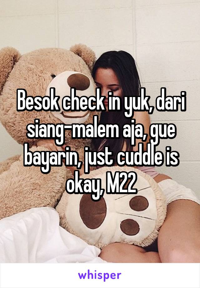 Besok check in yuk, dari siang-malem aja, gue bayarin, just cuddle is okay, M22